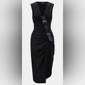 NWT Micas Elegant Black Ruched Dress with Buckle Detail, Large